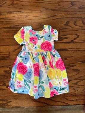 Girls Floral Short Sleeve Cotton Dress in Pink, Blue & Yellow